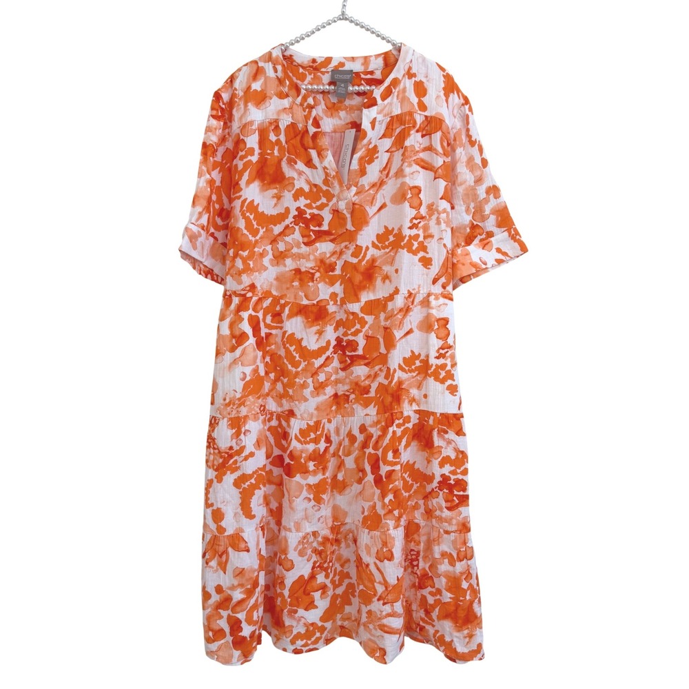 Chico's Tumbling Petals Gauze Midi Dress Poppy Petal Orange White Floral Size 4